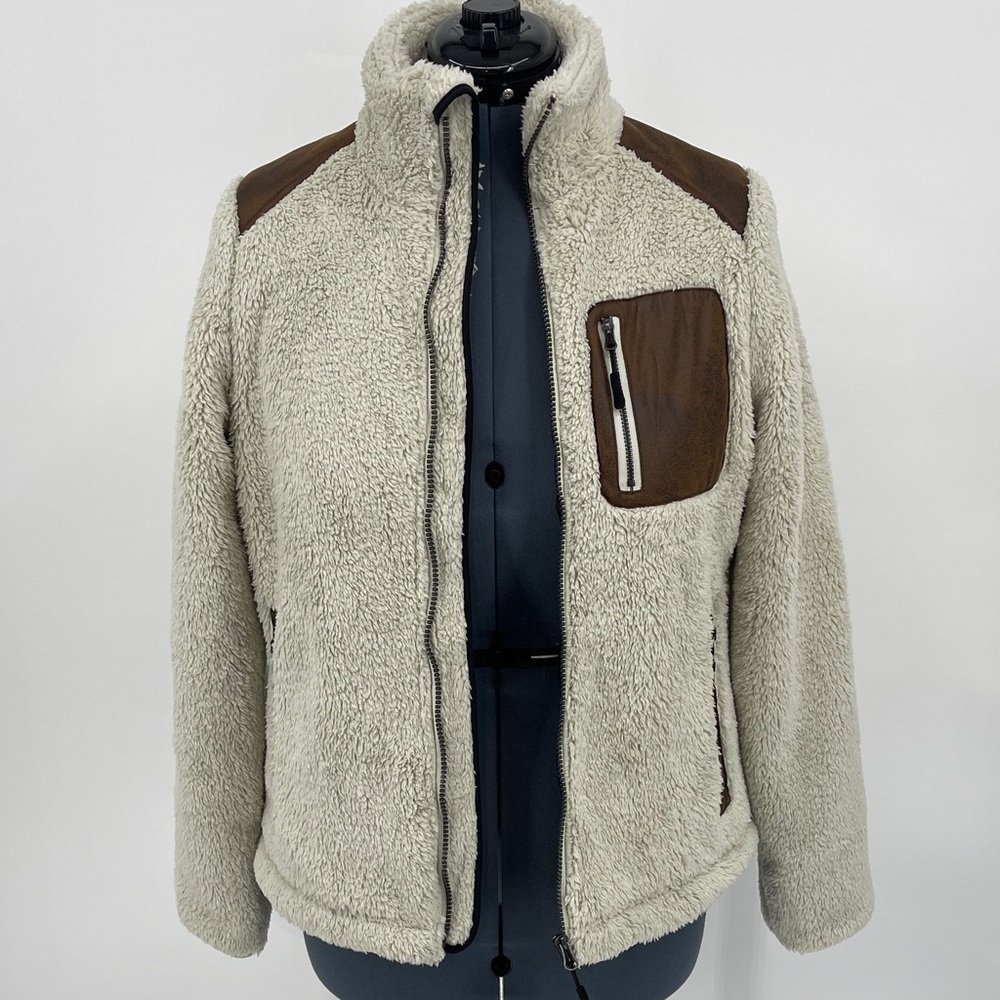 OUTDOOR CASUALS LIGHT GREEN and Brown Sherpa Jacket WITH FAUX LEATHER ACCENTS